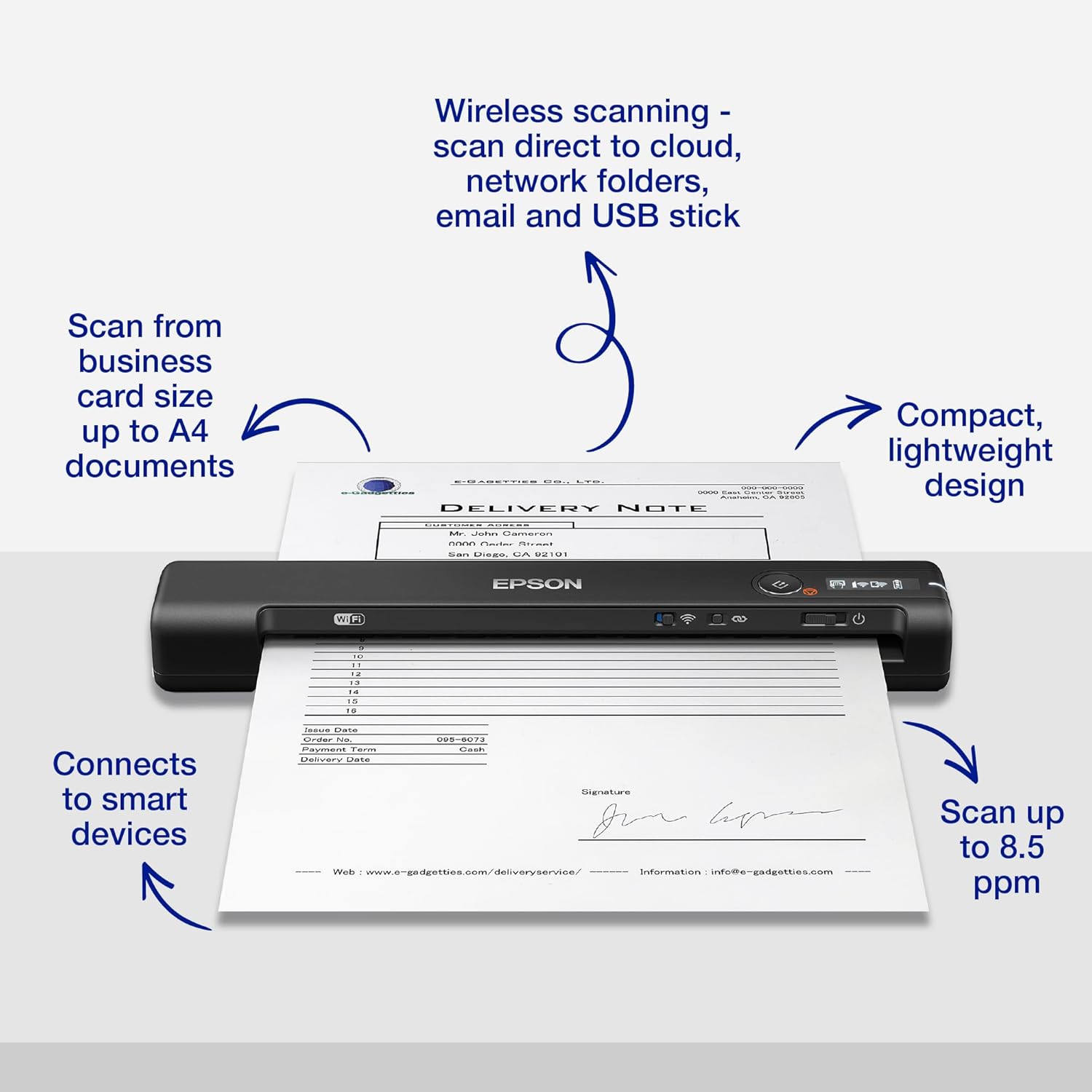 Epson Workforce ES-60W Wireless Ultra Portable A4 Document Scanner with Li-ion battery (300 page) and USB 3.0, 200-1200dpi, 4 seconds per page