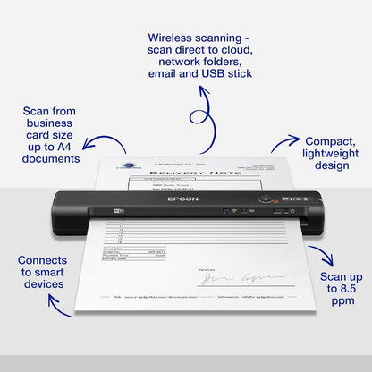 Epson Workforce ES-60W Wireless Ultra Portable A4 Document Scanner with Li-ion battery (300 page) and USB 3.0, 200-1200dpi, 4 seconds per page