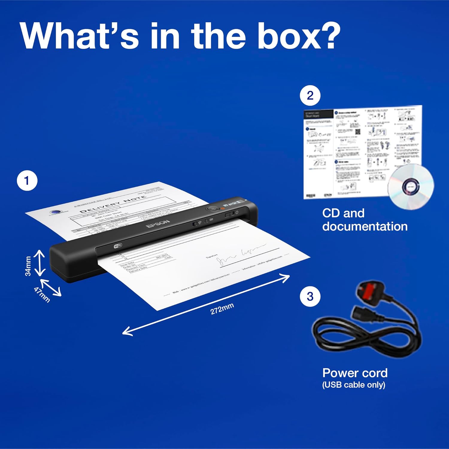 Epson Workforce ES-60W Wireless Ultra Portable A4 Document Scanner with Li-ion battery (300 page) and USB 3.0, 200-1200dpi, 4 seconds per page