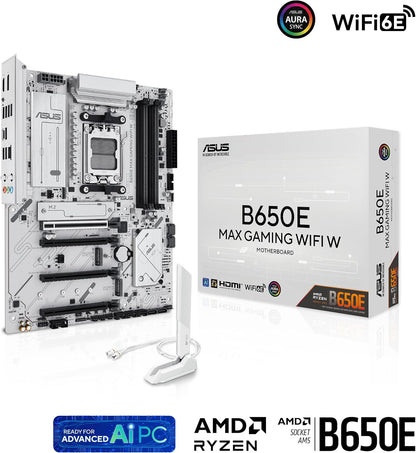 ASUS B650E MAX Gaming WiFi W Mainboard Sockel AMD AM5 (Ryzen 9000, DDR5 Speicher, PCIe 5.0, 3X M.2, WiFi 6E, BIOS Flashback, Aura Sync, CEC Tier II