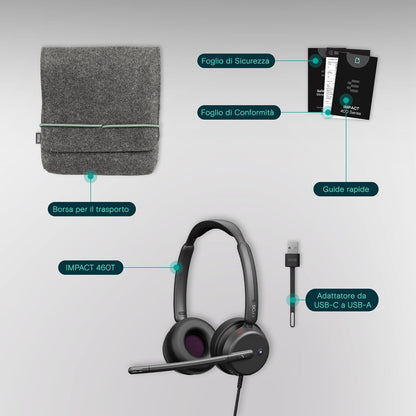 EPOS IMPACT 460T Cuffie Binaurali On-Ear con Cavo USB-C e USB-A, Doppio Microfono Noise-Cancelling, Certificato Teams, Plug-and-Play, Ottime per Ufficio, Lavoro da Casa, Zoom e Chiamate Business