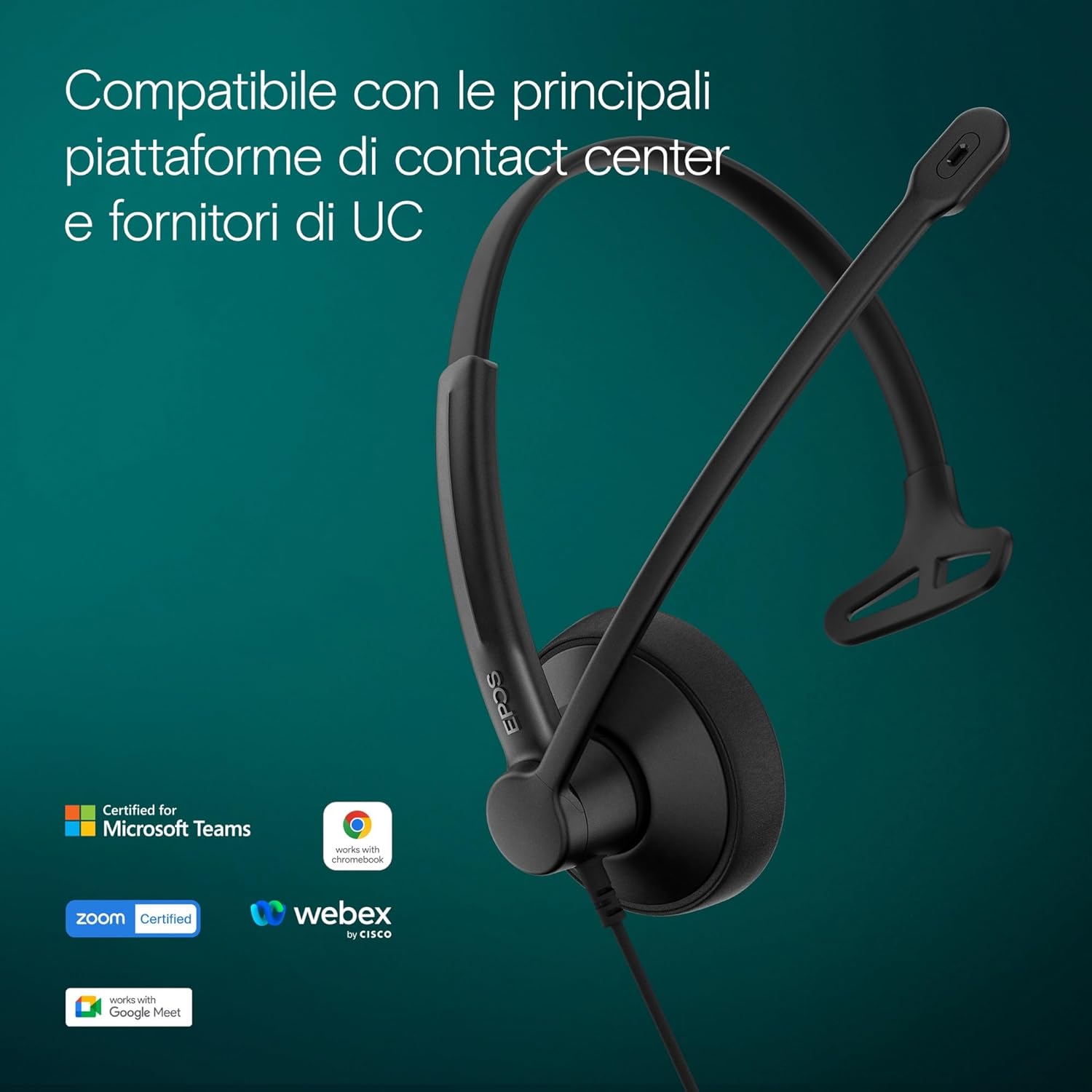 EPOS IMPACT 100 MS Mono USB-C+A Cuffie con Microfono, Certificate Microsoft Teams, Riduzione Rumore, Leggere, Supporto Silicone, Controllo Chiamate, Adattatore USB, Professionale UC, Nero