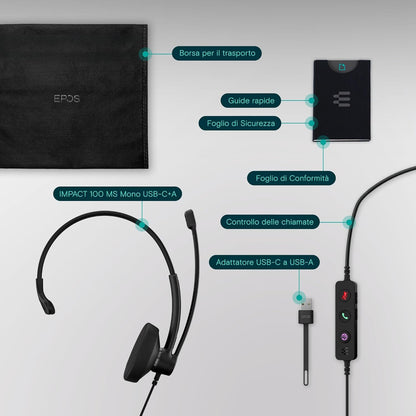 EPOS IMPACT 100 MS Mono USB-C+A Cuffie con Microfono, Certificate Microsoft Teams, Riduzione Rumore, Leggere, Supporto Silicone, Controllo Chiamate, Adattatore USB, Professionale UC, Nero