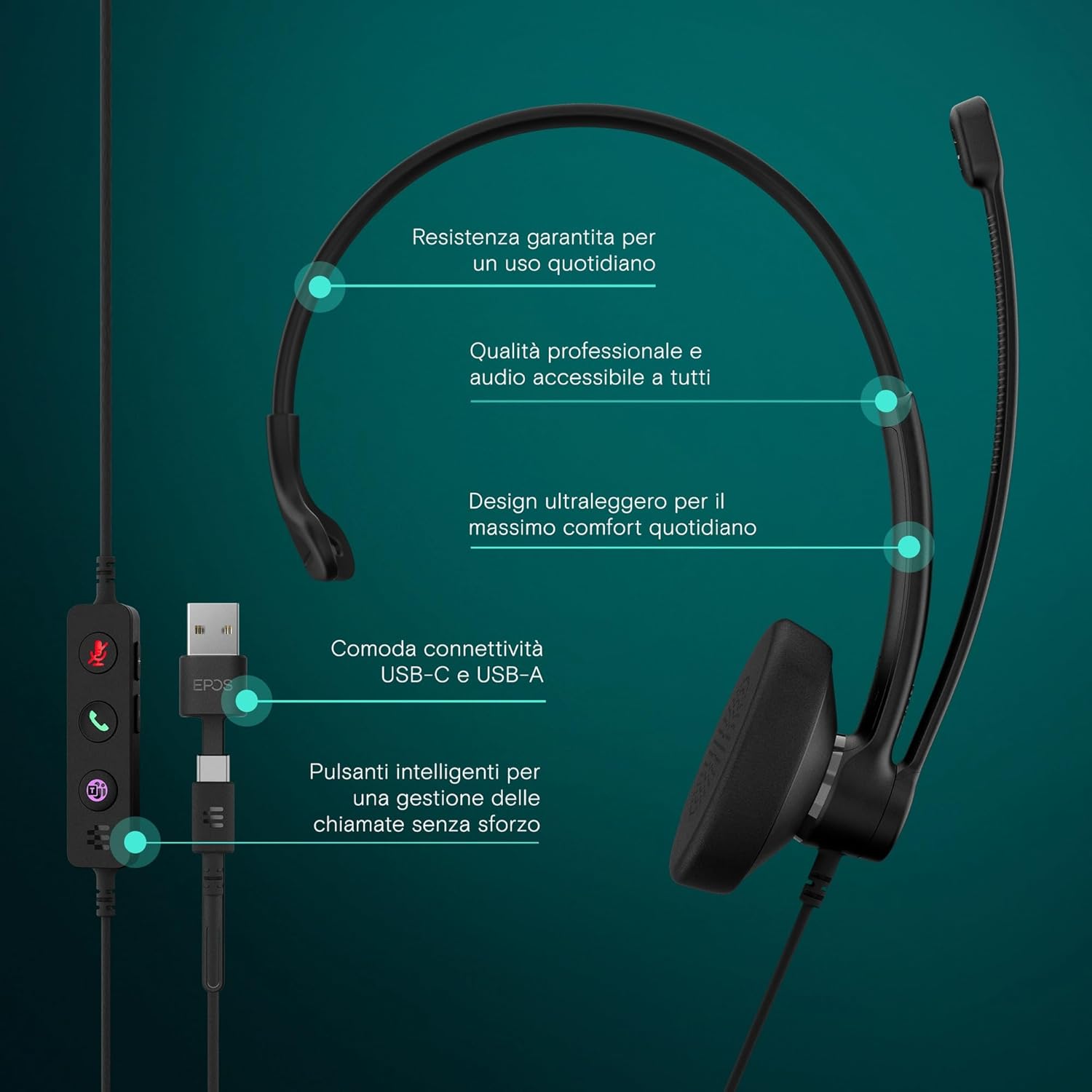 EPOS IMPACT 100 MS Mono USB-C+A Cuffie con Microfono, Certificate Microsoft Teams, Riduzione Rumore, Leggere, Supporto Silicone, Controllo Chiamate, Adattatore USB, Professionale UC, Nero