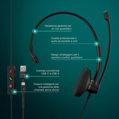 EPOS IMPACT 100 MS Mono USB-C+A Cuffie con Microfono, Certificate Microsoft Teams, Riduzione Rumore, Leggere, Supporto Silicone, Controllo Chiamate, Adattatore USB, Professionale UC, Nero