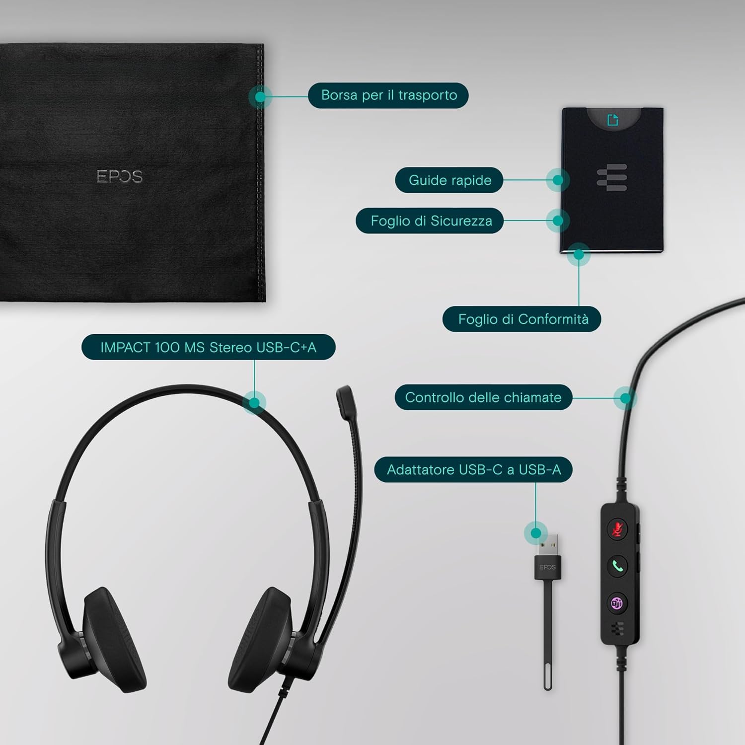 EPOS IMPACT 100 MS Stereo USB-C+A Cuffie con Microfono, Certificate Microsoft Teams, Cancellazione Rumore, Leggere, Controllo Chiamate, Auricolari Morbidi, Adattatore USB, Professionali UC