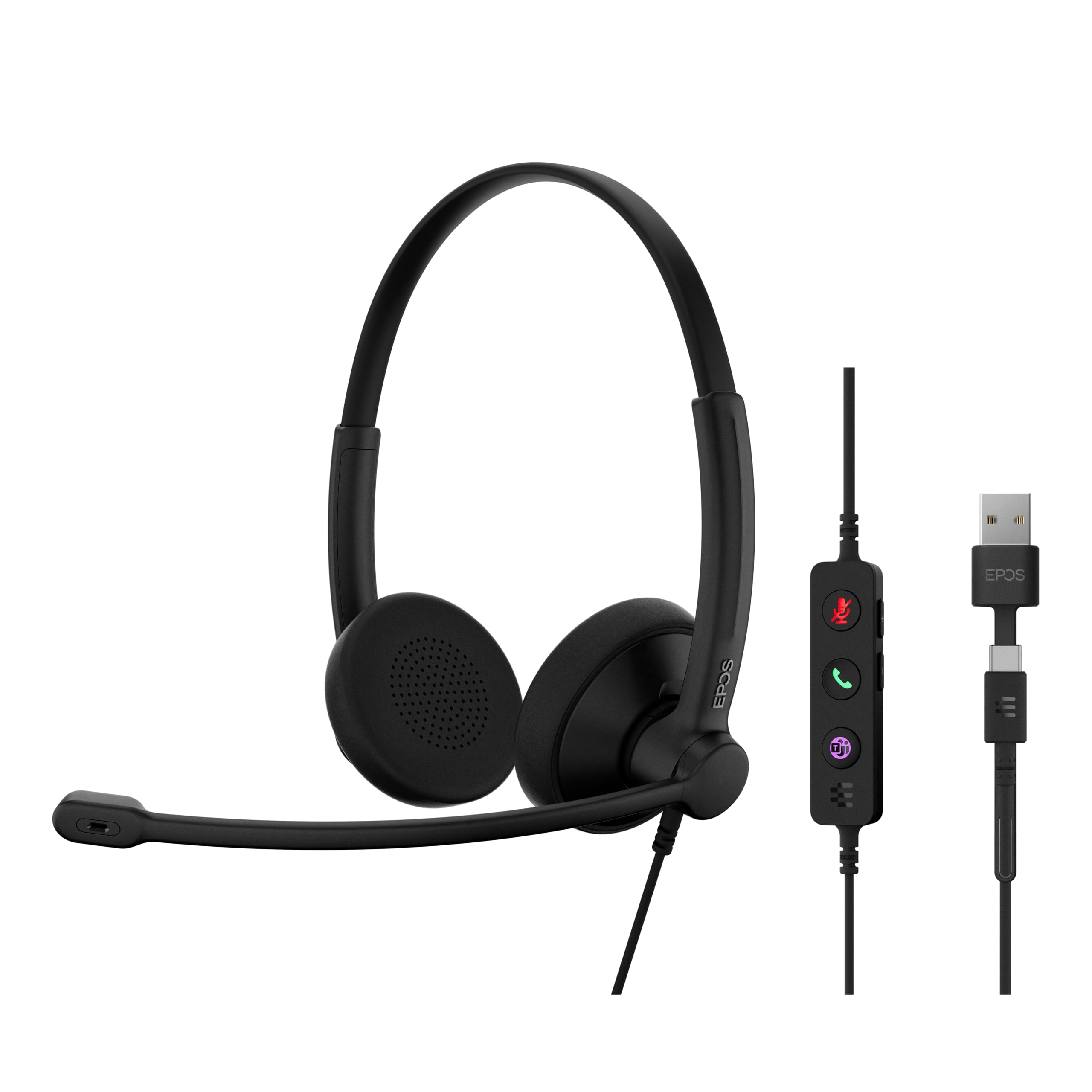EPOS IMPACT 100 MS Stereo USB-C+A Cuffie con Microfono, Certificate Microsoft Teams, Cancellazione Rumore, Leggere, Controllo Chiamate, Auricolari Morbidi, Adattatore USB, Professionali UC