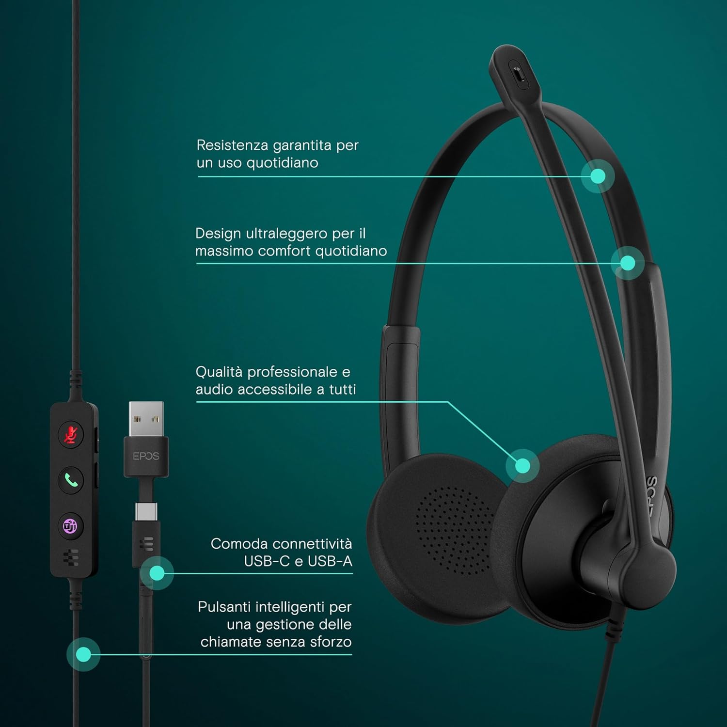EPOS IMPACT 100 MS Stereo USB-C+A Cuffie con Microfono, Certificate Microsoft Teams, Cancellazione Rumore, Leggere, Controllo Chiamate, Auricolari Morbidi, Adattatore USB, Professionali UC