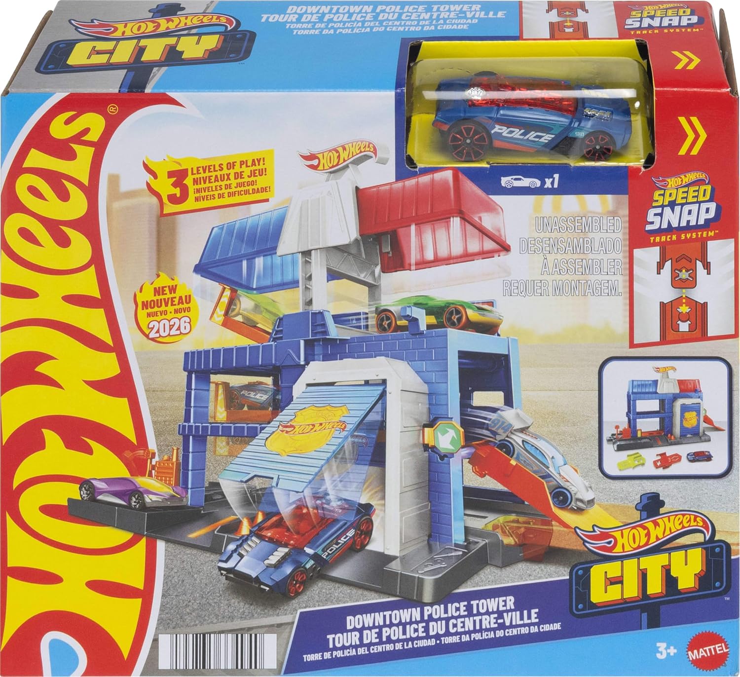 Hot Wheels Toy Car Track Set, City Downtown Police Tower Playset & 1:64 Scale Die-Cast Police Vehicle, Expands to 3 Levels, Speed Snap Track System, JHL74