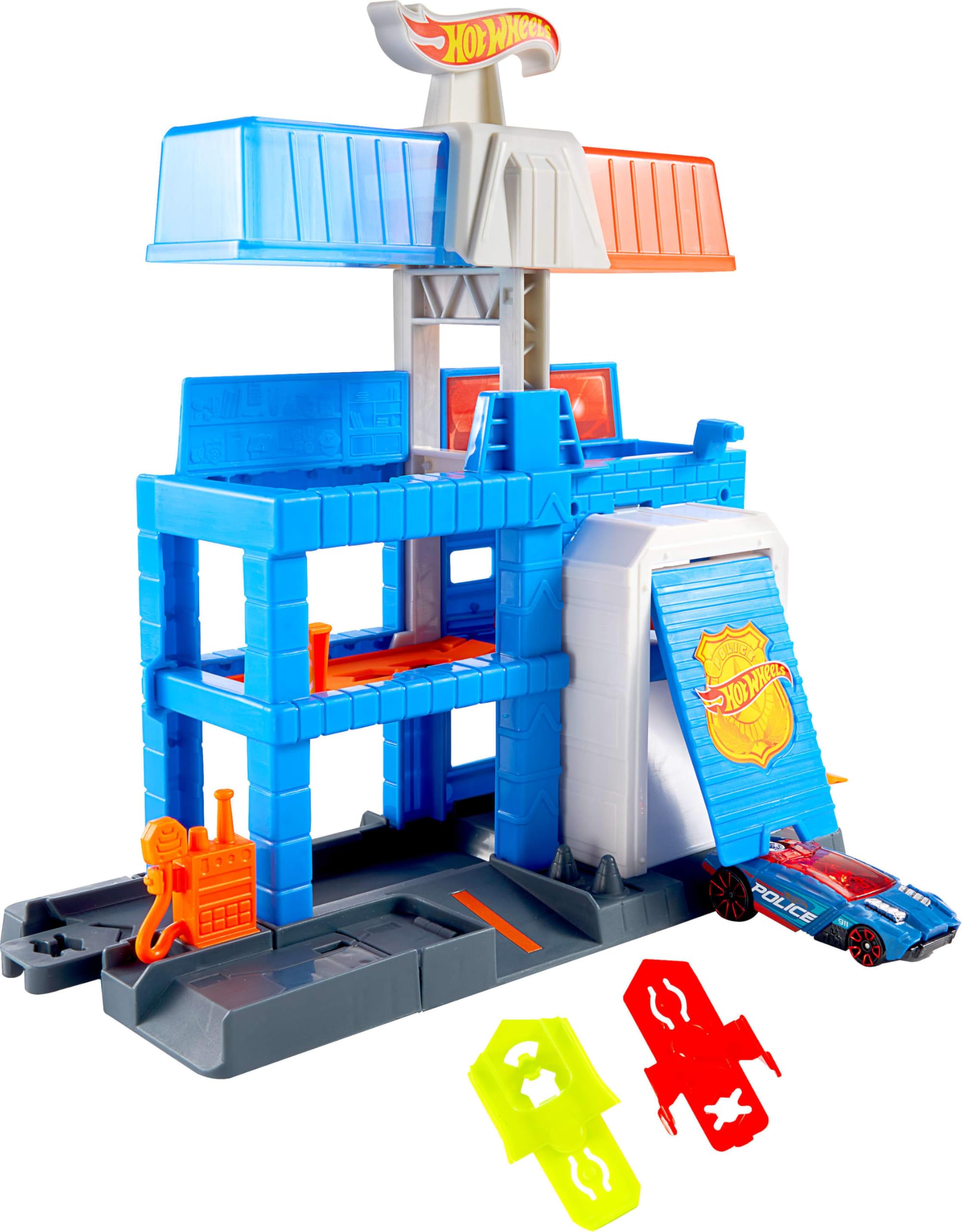 Hot Wheels Toy Car Track Set, City Downtown Police Tower Playset & 1:64 Scale Die-Cast Police Vehicle, Expands to 3 Levels, Speed Snap Track System, JHL74