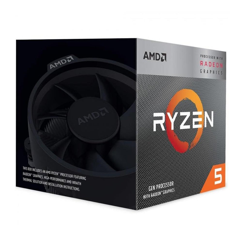 AMD Ryzen 5 3400G Processor (Integrated Radeon™ RX Vega 11 Graphics. 4 cores / 8 threads. 65W TDP. AM4 socket. 6 MB L2+L3 cache. Boost clock up to 4.2 GHz. Wraith Stealth cooler included