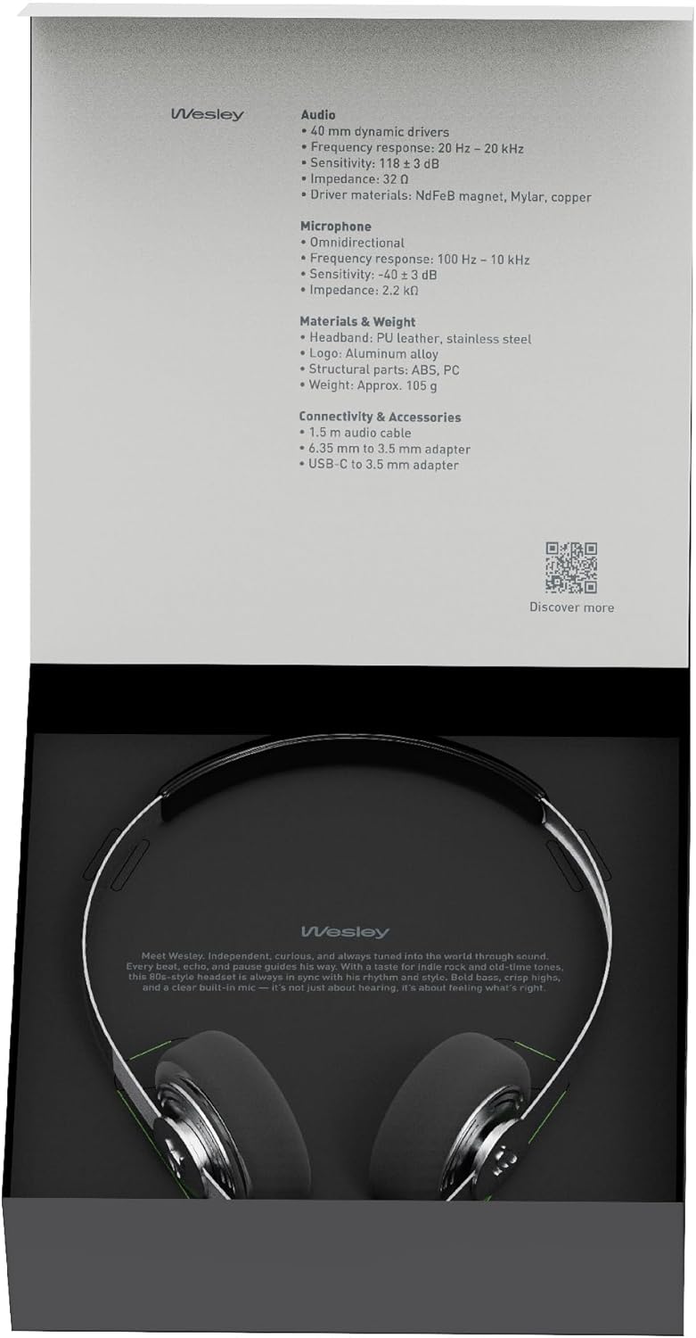 Gadhouse Wesley Retro Headphones Wired with USB-C & 3.5mm Connectivity – Vintage Headphones, Walkman Style Corded with 40mm Drivers, Inline Mic Controls & Lightweight 105g Design for Music & Calls