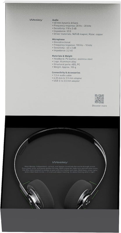 Gadhouse Wesley Retro Headphones Wired with USB-C & 3.5mm Connectivity – Vintage Headphones, Walkman Style Corded with 40mm Drivers, Inline Mic Controls & Lightweight 105g Design for Music & Calls