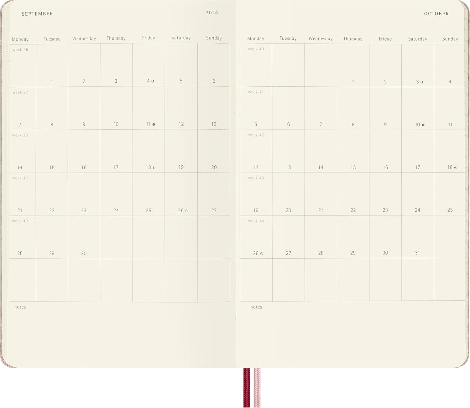 Moleskine 18 Monate Sakura Wochen Notizkalender limitierte Ausgabe 2025/2026, L/A5, 1 Wo = 1 Seite, rechts linierte Seite, fester Einband