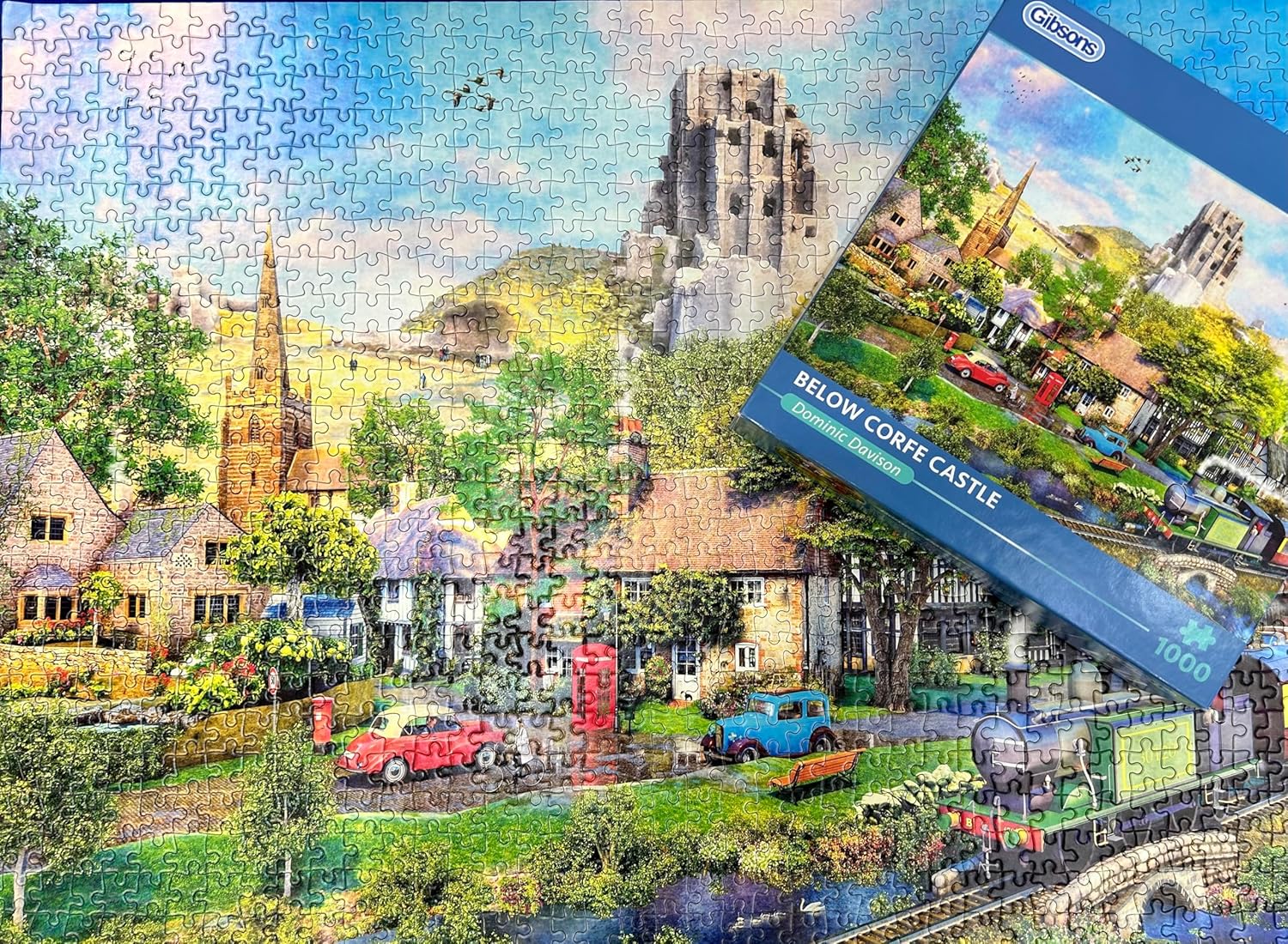 Gibsons Below Corfe Castle 1000 Piece Jigsaw Puzzle for Adults – Steam Train Scene by Dominic Davison – Scenic Dorset Countryside Artwork – Premium Sustainable Puzzle Made in the UK/EU
