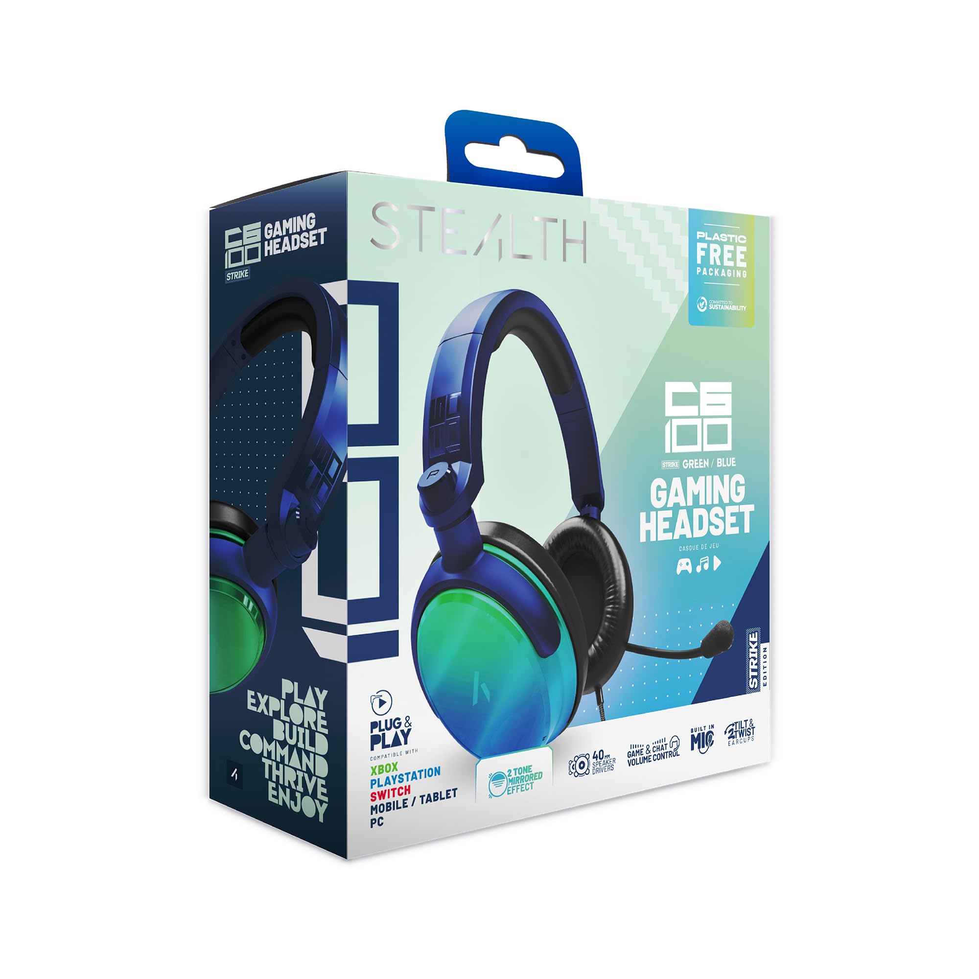 STEALTH C6-100 Gaming Headset STRIKE - Green & Blue, Multiplatform Compatible with Xbox, PS, Switch, PC, Mobile and Tablet