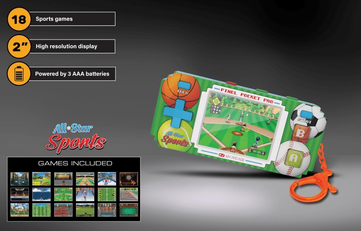 My Arcade All-Star Sports Pixel Pocket Pro: sportvideogames, draagbare sleutelhanger arcade, honkbal, voetbal, basketbal