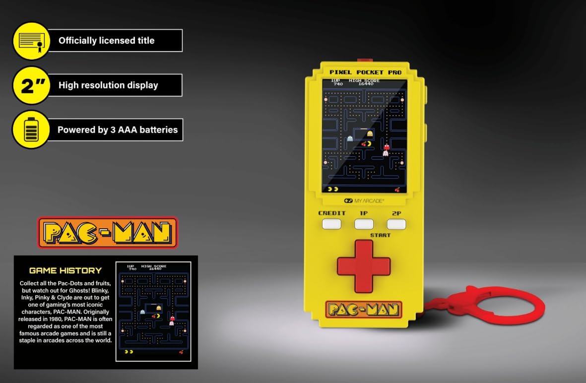 Pac-Man Pixel Player: Offiziell Lizenziertes Pac-Man-Videospiel, tragbare Schlüsselanhänger-Arcade, Spiele für Kinder und Erwachsene