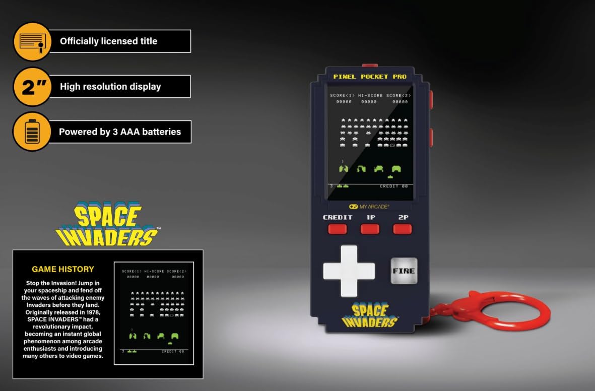 My Arcade Space Invaders Pixel Pocket Pro: officieel gelicentieerde Space Invaders-videogame, draagbare sleutelhanger arcade