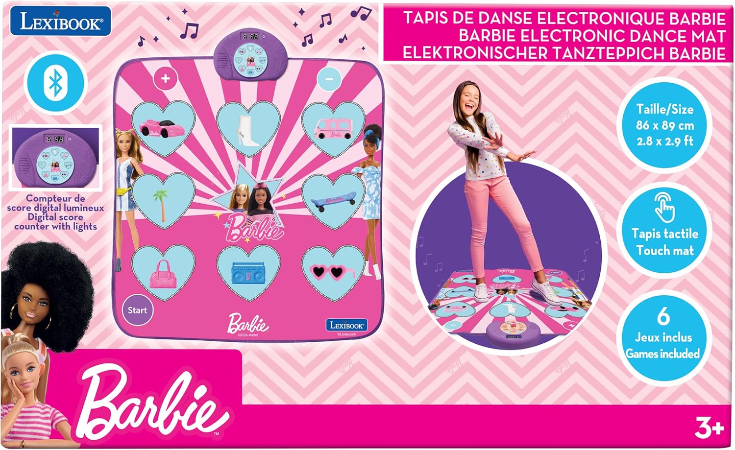 Lexibook, Mattel Barbie, Barbie elektronisch dansmat, Bluetooth en verlicht met 6 spelmodi, Roze, DM10BB