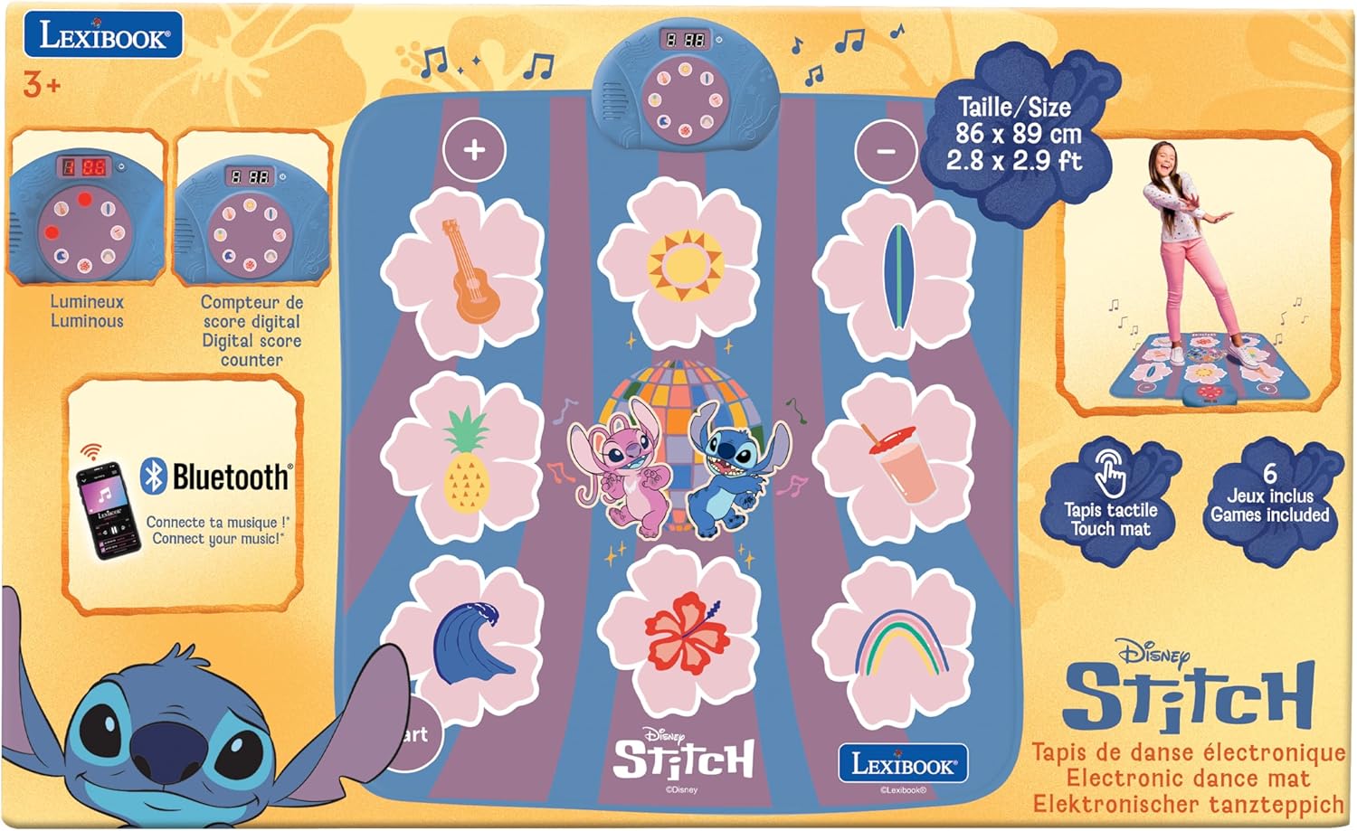 Lexibook, Disney Stitch, elektronische dansmat Stitch, Bluetooth en verlicht met 6 spelmodi, Roze, DM10D