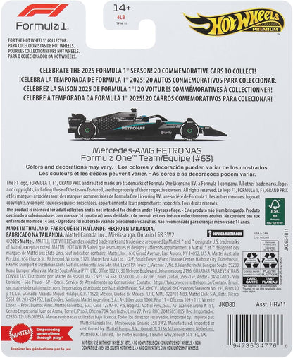 Hot Wheels Premium Formel 1 Mercedes-Benz – George Russell #63 Die-Cast-Spielzeugauto im Maßstab 1:64 Sammelspielzeug-Rennauto mit Real Riders-Reifen sowie Metall-Karosserie und -Fahrgestell, JKD80