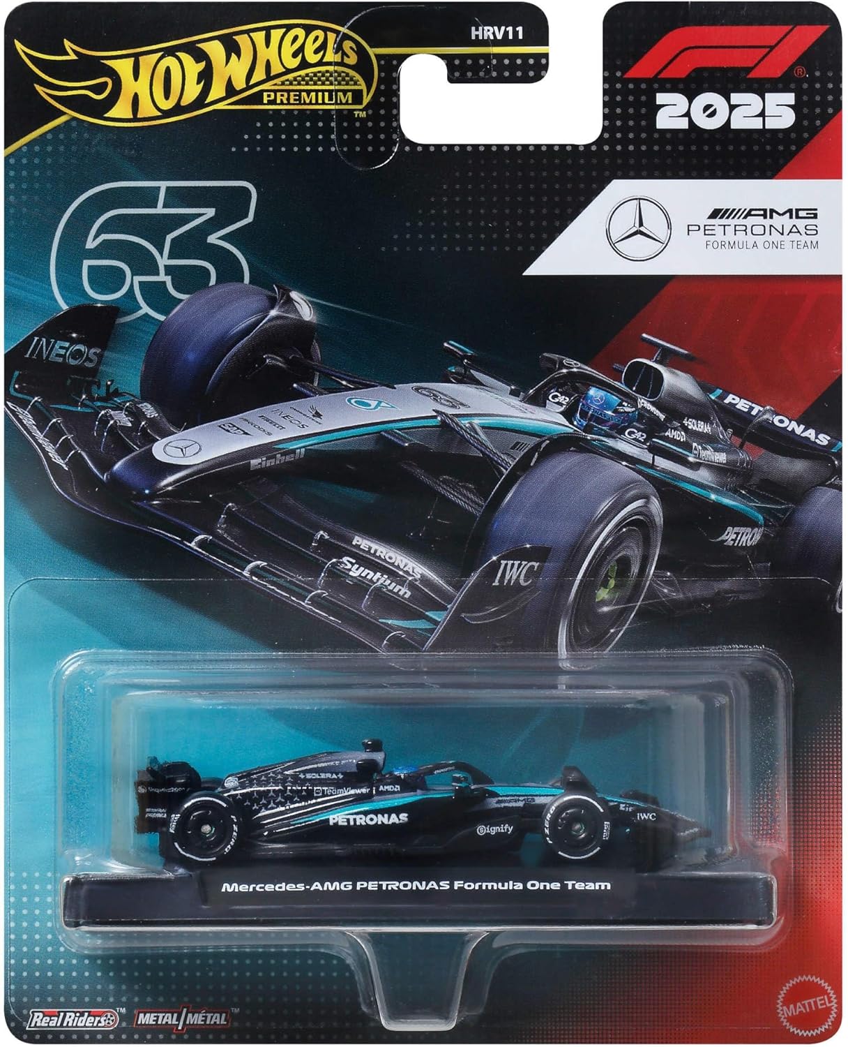Hot Wheels Premium Formel 1 Mercedes-Benz – George Russell #63 Die-Cast-Spielzeugauto im Maßstab 1:64 Sammelspielzeug-Rennauto mit Real Riders-Reifen sowie Metall-Karosserie und -Fahrgestell, JKD80