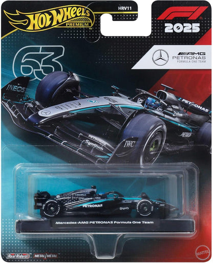 Hot Wheels Premium Formel 1 Mercedes-Benz – George Russell #63 Die-Cast-Spielzeugauto im Maßstab 1:64 Sammelspielzeug-Rennauto mit Real Riders-Reifen sowie Metall-Karosserie und -Fahrgestell, JKD80