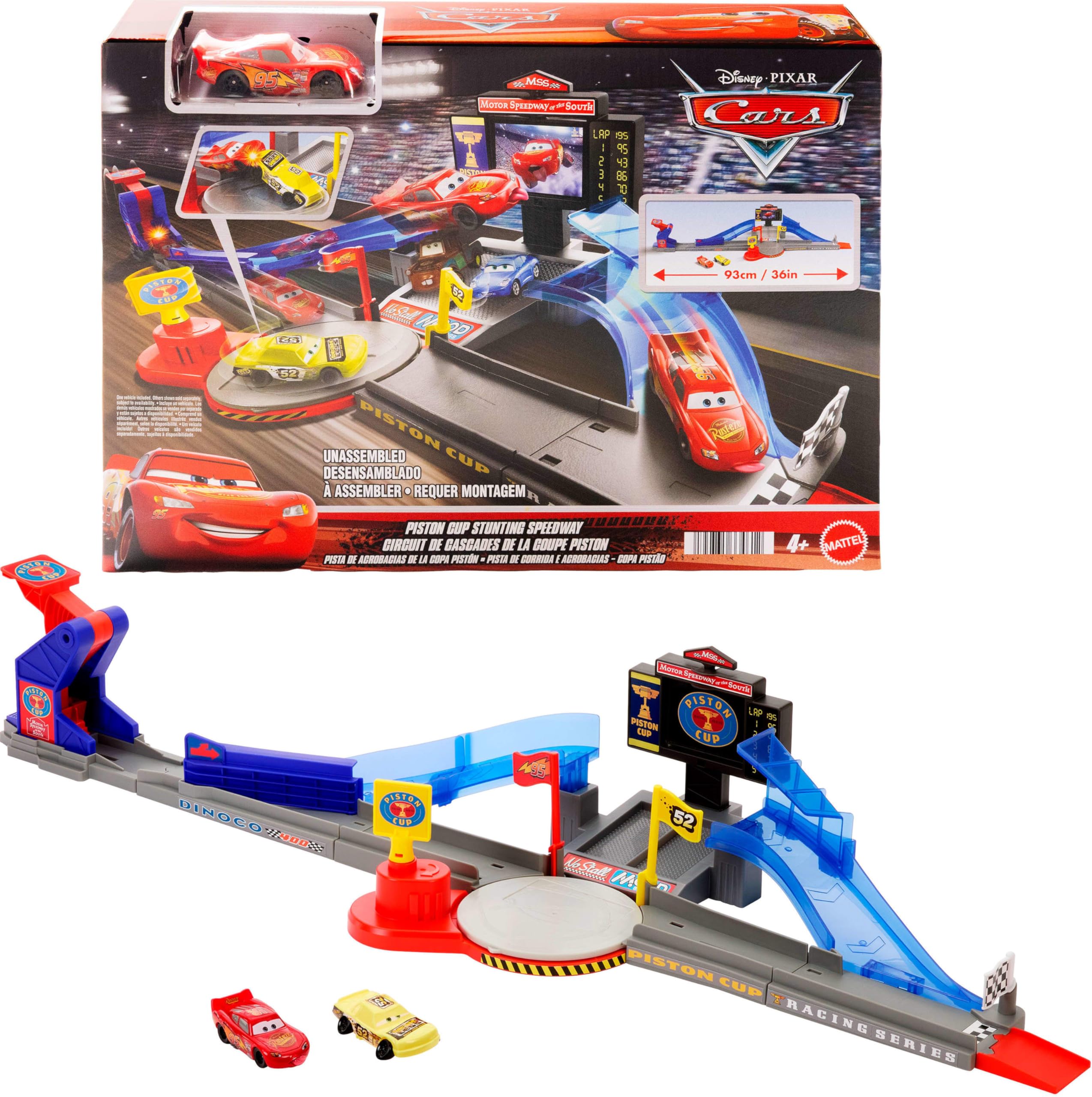 Mattel Disney and Pixar Cars Playset & Toy Car, Tongue-Out Lightning McQueen & Crushed Car, Piston Cup Stunting Speedway Track Set Includes, JHL42