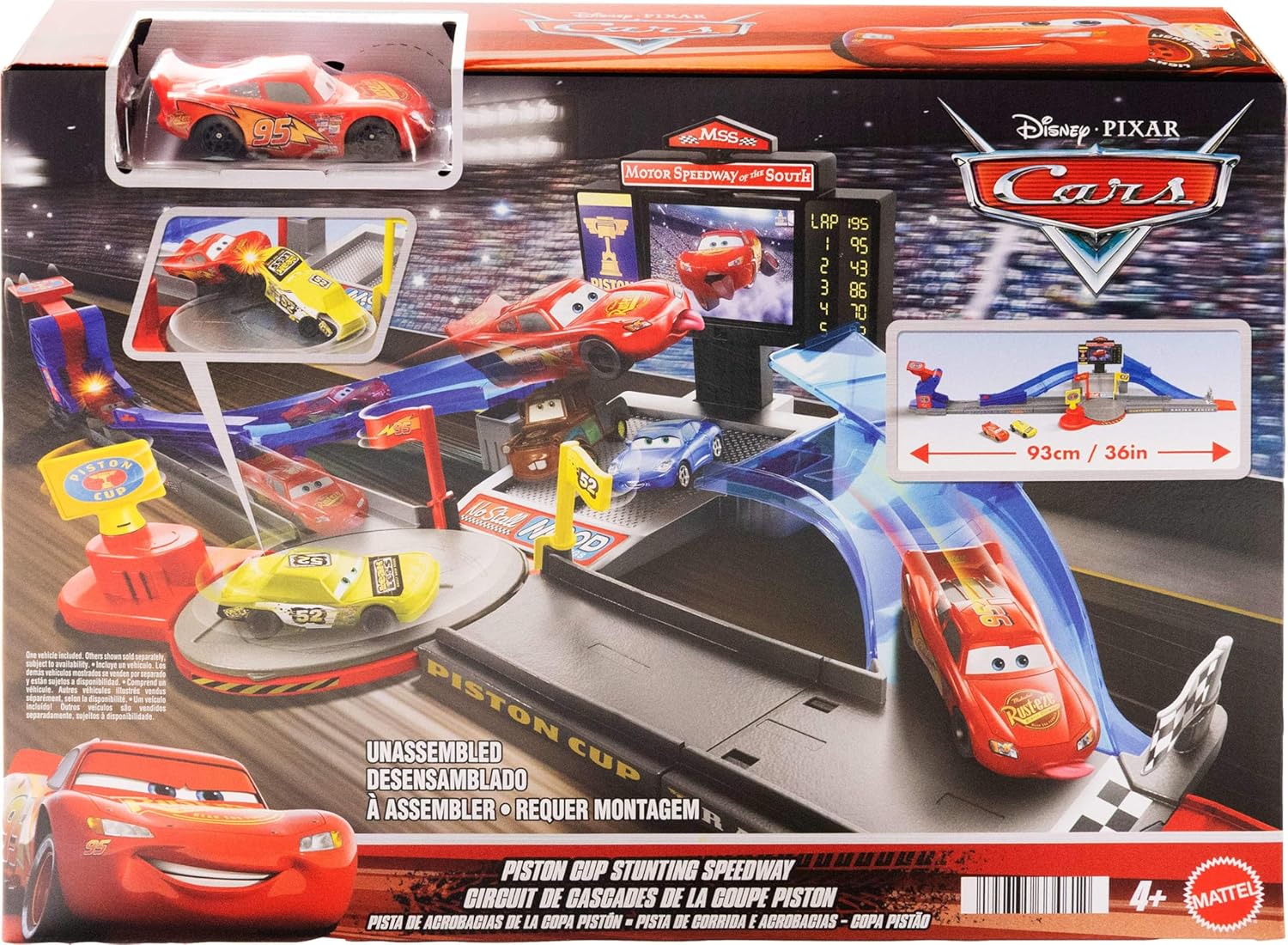 Mattel Disney and Pixar Cars Playset & Toy Car, Tongue-Out Lightning McQueen & Crushed Car, Piston Cup Stunting Speedway Track Set Includes, JHL42