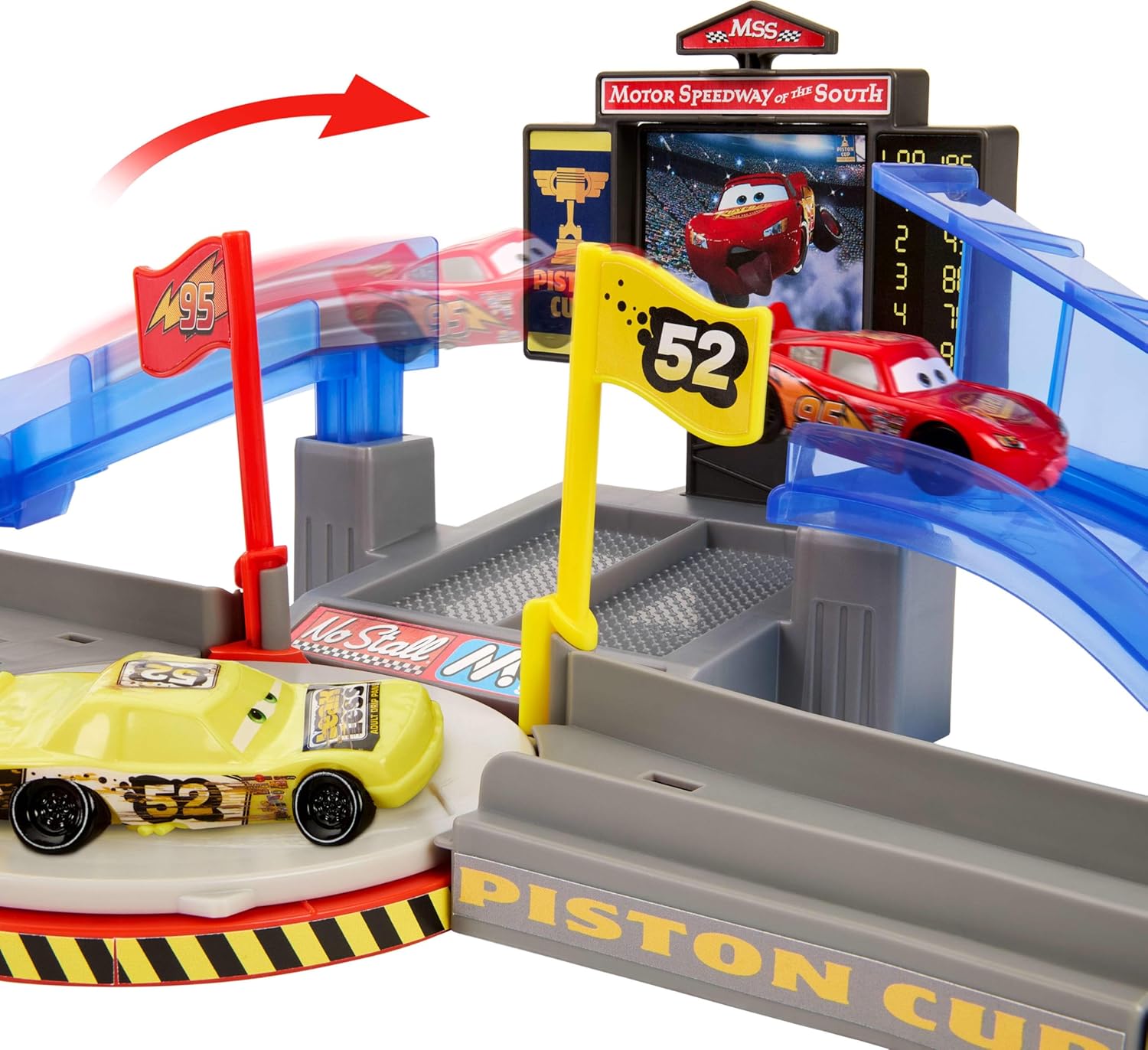 Mattel Disney and Pixar Cars Playset & Toy Car, Tongue-Out Lightning McQueen & Crushed Car, Piston Cup Stunting Speedway Track Set Includes, JHL42