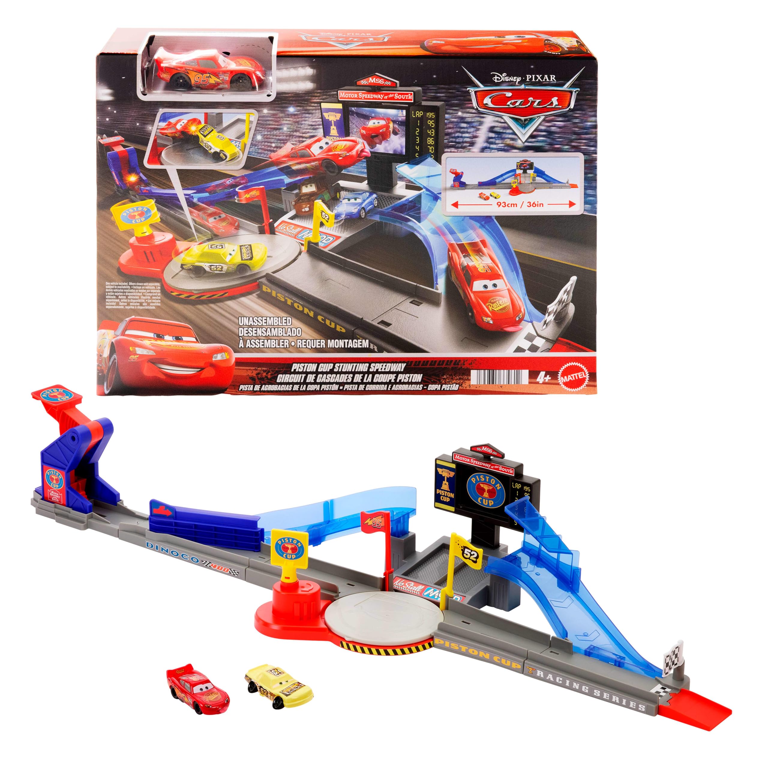 Mattel Disney and Pixar Cars Playset & Toy Car, Tongue-Out Lightning McQueen & Crushed Car, Piston Cup Stunting Speedway Track Set Includes, JHL42