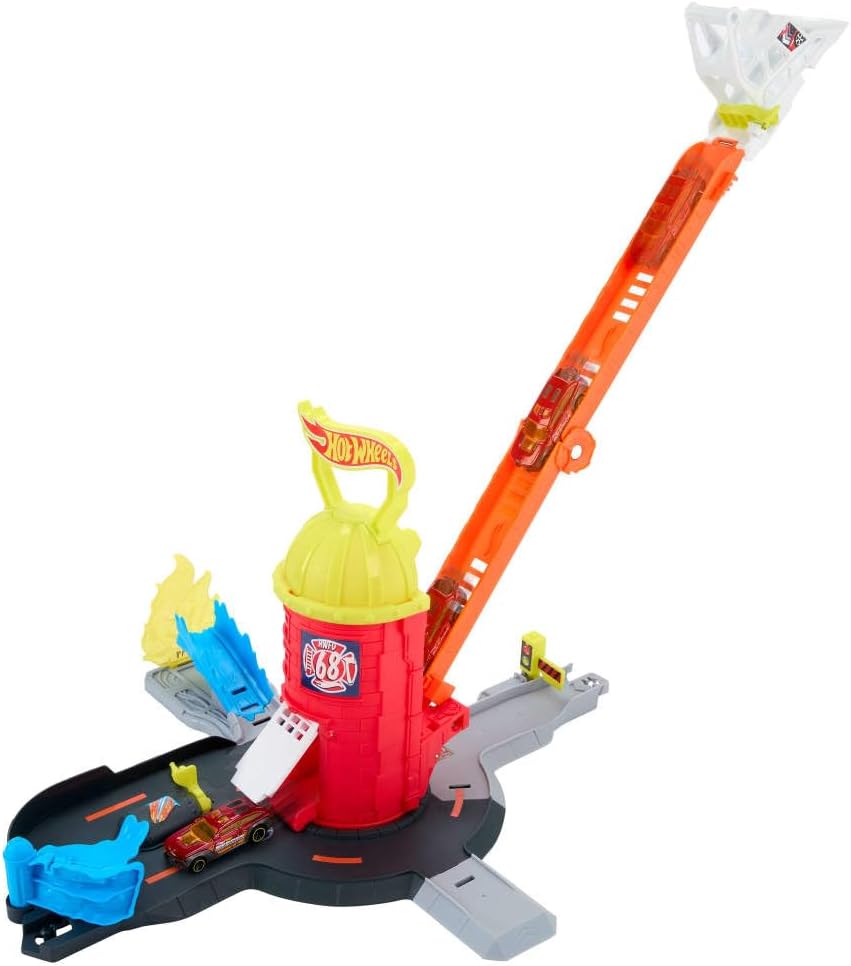 Hot Wheels Toy Car Track Set, City Super Fire Station Rescue Playset & 1:64 Scale Fire Truck, Ladder-Track Extends 16”, 4 Different Exits, Easy Storage, JHL95