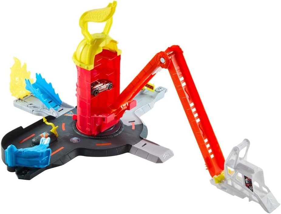 Hot Wheels Toy Car Track Set, City Super Fire Station Rescue Playset & 1:64 Scale Fire Truck, Ladder-Track Extends 16”, 4 Different Exits, Easy Storage, JHL95