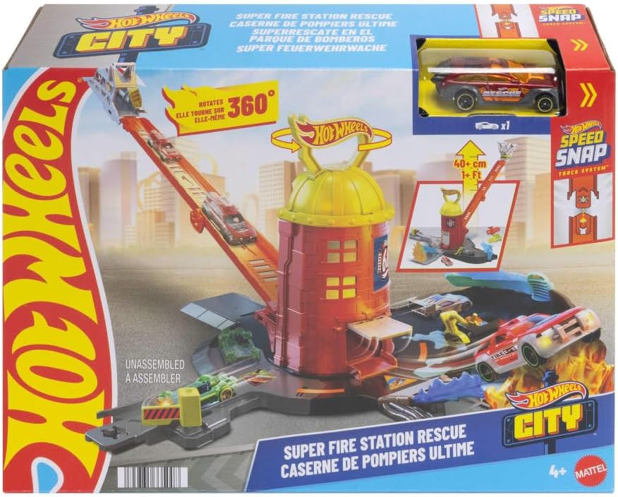 Hot Wheels Toy Car Track Set, City Super Fire Station Rescue Playset & 1:64 Scale Fire Truck, Ladder-Track Extends 16”, 4 Different Exits, Easy Storage, JHL95