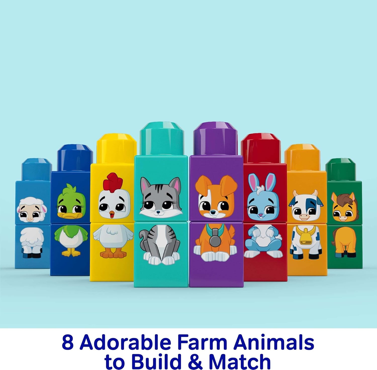 MEGA BLOKS First Builders Toddler Block Toys Set, Build & Match Animal Tractor with 30 Pieces, Learn Animals and Colors, Red and Blue, Ages 1+ Years, JKG33