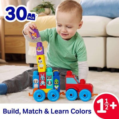MEGA BLOKS First Builders Toddler Block Toys Set, Build & Match Animal Tractor with 30 Pieces, Learn Animals and Colors, Red and Blue, Ages 1+ Years, JKG33