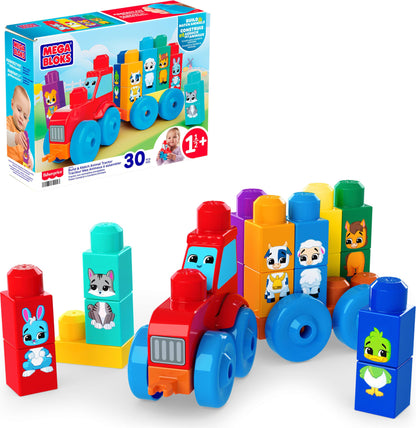 MEGA BLOKS First Builders Toddler Block Toys Set, Build & Match Animal Tractor with 30 Pieces, Learn Animals and Colors, Red and Blue, Ages 1+ Years, JKG33