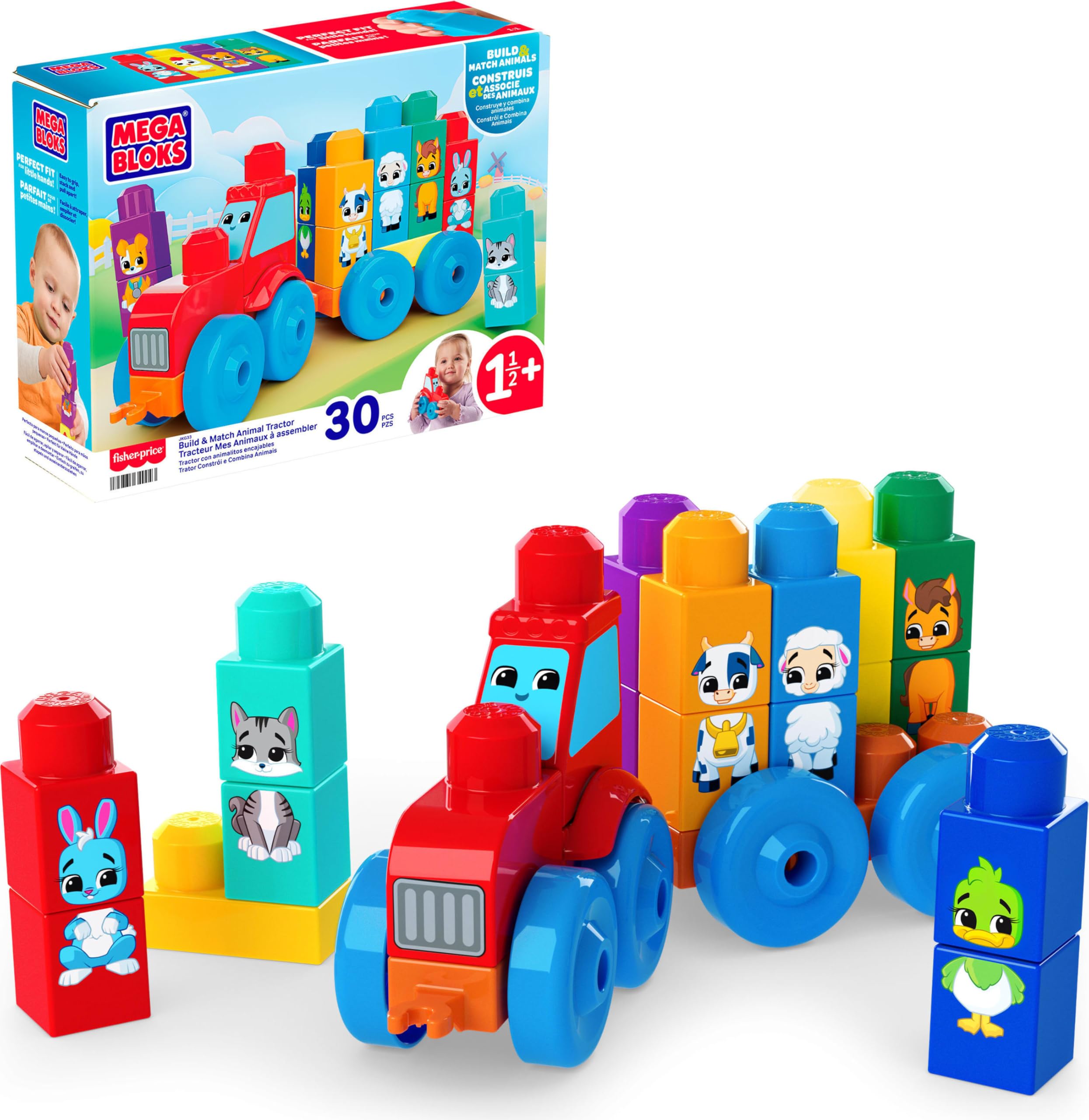 MEGA BLOKS First Builders Toddler Block Toys Set, Build & Match Animal Tractor with 30 Pieces, Learn Animals and Colors, Red and Blue, Ages 1+ Years, JKG33