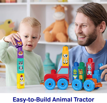 MEGA BLOKS First Builders Toddler Block Toys Set, Build & Match Animal Tractor with 30 Pieces, Learn Animals and Colors, Red and Blue, Ages 1+ Years, JKG33