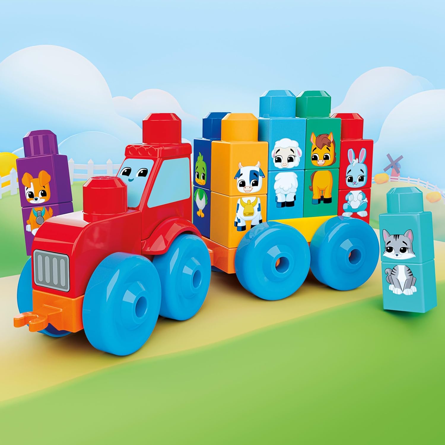 MEGA BLOKS First Builders Toddler Block Toys Set, Build & Match Animal Tractor with 30 Pieces, Learn Animals and Colors, Red and Blue, Ages 1+ Years, JKG33