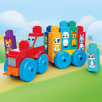 MEGA BLOKS First Builders Toddler Block Toys Set, Build & Match Animal Tractor with 30 Pieces, Learn Animals and Colors, Red and Blue, Ages 1+ Years, JKG33