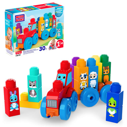 MEGA BLOKS First Builders Toddler Block Toys Set, Build & Match Animal Tractor with 30 Pieces, Learn Animals and Colors, Red and Blue, Ages 1+ Years, JKG33
