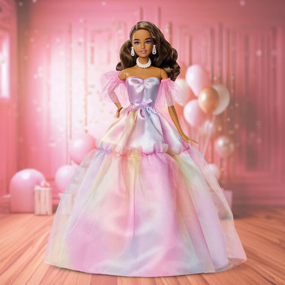Barbie Signature Birthday Wishes Fashion Doll with Brown Hair in Dress with Pastel Rainbow Effect, Collectible Toy with Giftable Packaging, JJX78