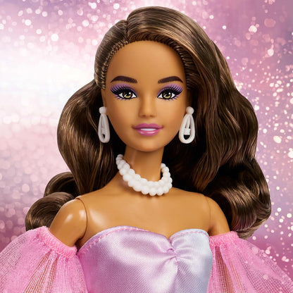 Barbie Signature Birthday Wishes Fashion Doll with Brown Hair in Dress with Pastel Rainbow Effect, Collectible Toy with Giftable Packaging, JJX78