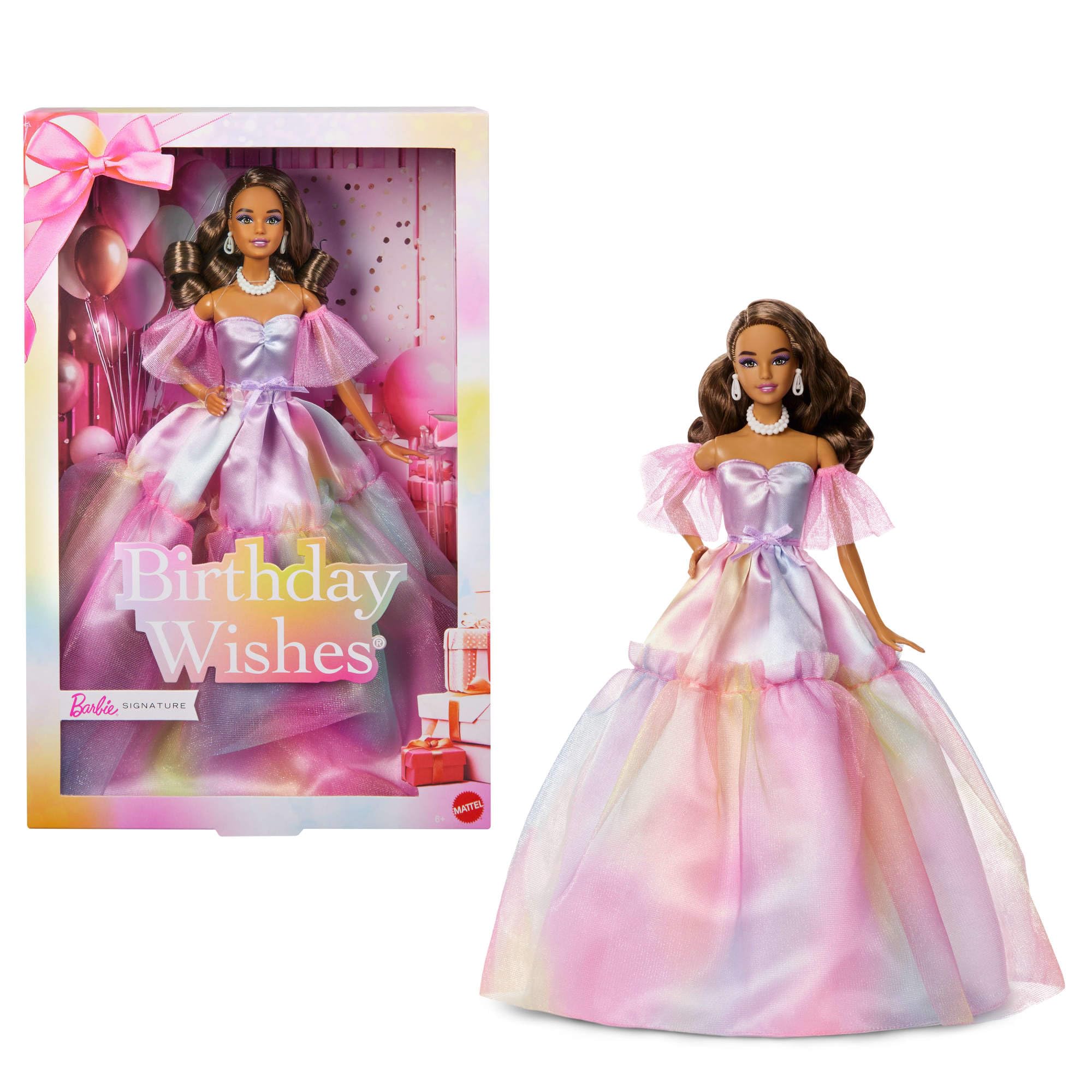 Barbie Signature Birthday Wishes Fashion Doll with Brown Hair in Dress with Pastel Rainbow Effect, Collectible Toy with Giftable Packaging, JJX78