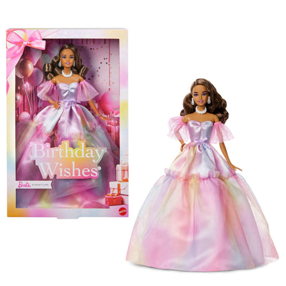 Barbie Signature Birthday Wishes Fashion Doll with Brown Hair in Dress with Pastel Rainbow Effect, Collectible Toy with Giftable Packaging, JJX78