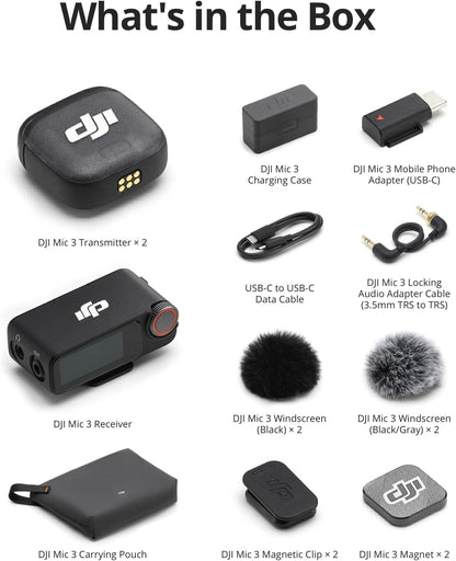 DJI Mic 3 (2 TX + 1 RX + Charging Case), Wireless Microphone for iPhone/Camera/Android, Ultralight, Adaptive Gain Control for Balanced Volume, Dual Band Anti-Interference, 28hrs Use, Vlog