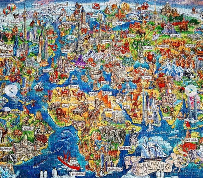 Gibsons Wonderful World 1000 Piece Jigsaw Puzzle for Adults – Illustrated Map of Planet Earth by Maria Rabinky – Colourful World Landmarks Design – Premium Sustainable Puzzle Made in the UK/EU