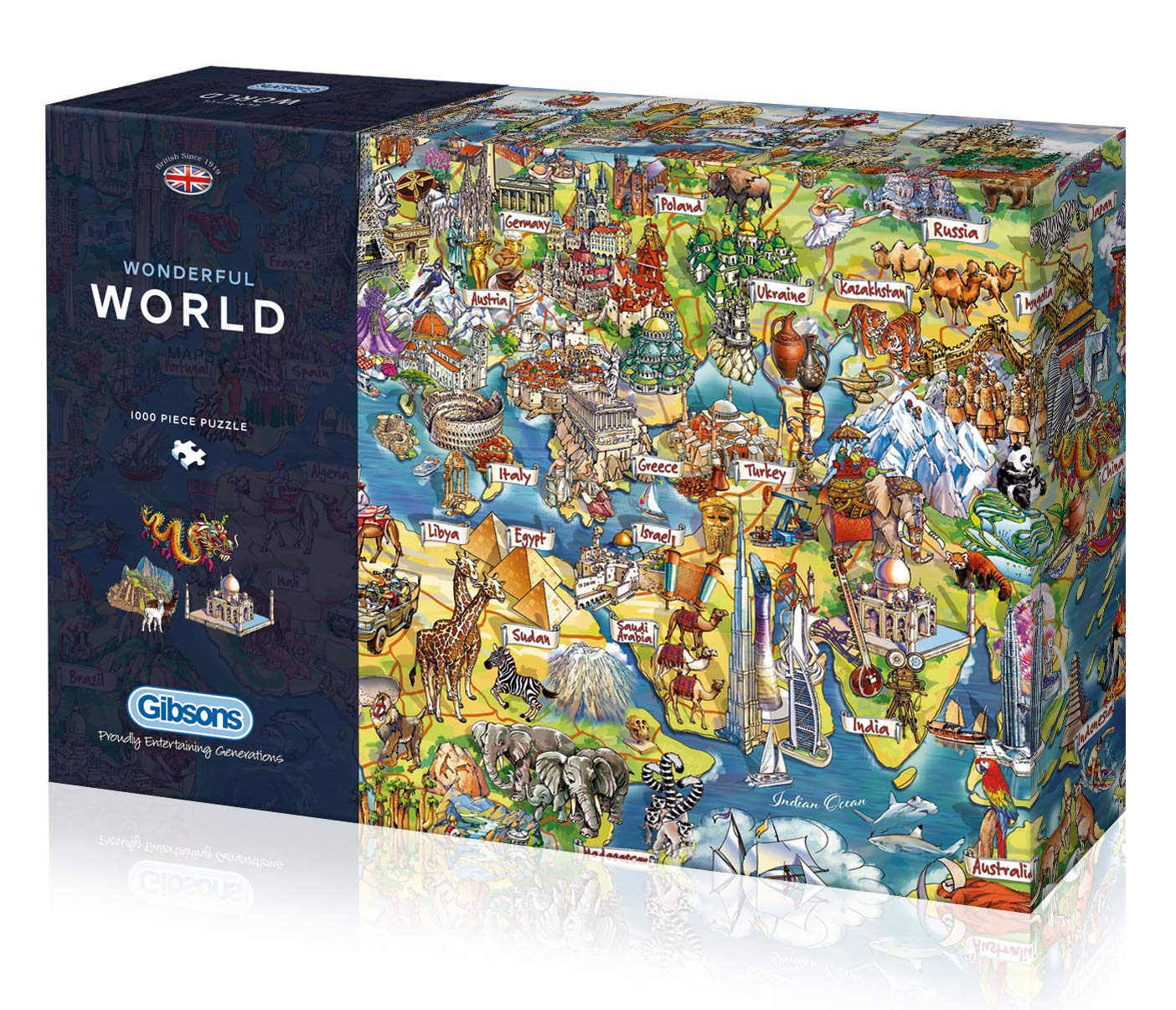 Gibsons Wonderful World 1000 Piece Jigsaw Puzzle for Adults – Illustrated Map of Planet Earth by Maria Rabinky – Colourful World Landmarks Design – Premium Sustainable Puzzle Made in the UK/EU